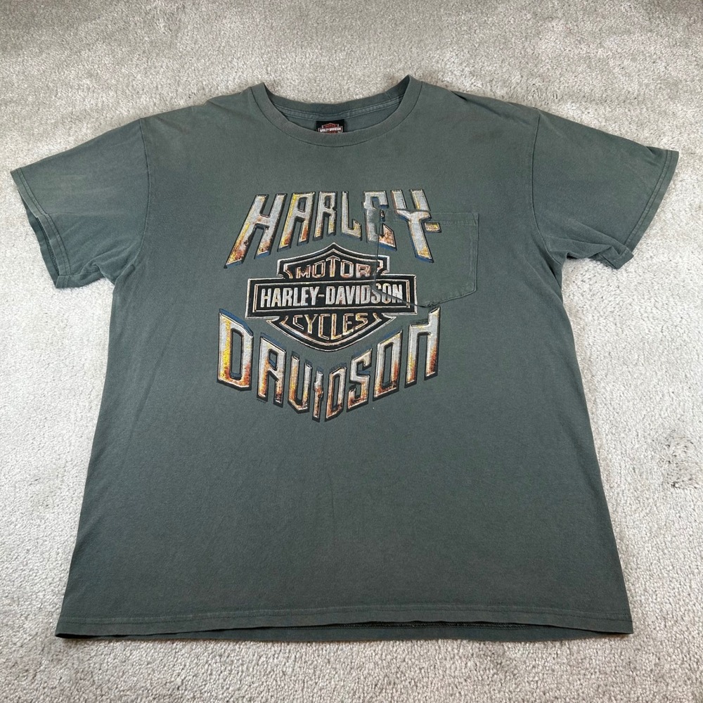Harley Davidson T-Shirt Mens Large Green Pocket Graphic Lynchburg VA Biker Tee